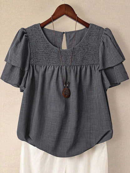 Linhara Plus Size Women's Round Neck Double Layer Ruffle Sleeve Short Sleeve Blouse, Striped Shirt, Summer Women's Top, Vacation, Casual Daily Shirt