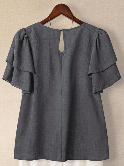 Linhara Plus Size Women's Round Neck Double Layer Ruffle Sleeve Short Sleeve Blouse, Striped Shirt, Summer Women's Top, Vacation, Casual Daily Shirt