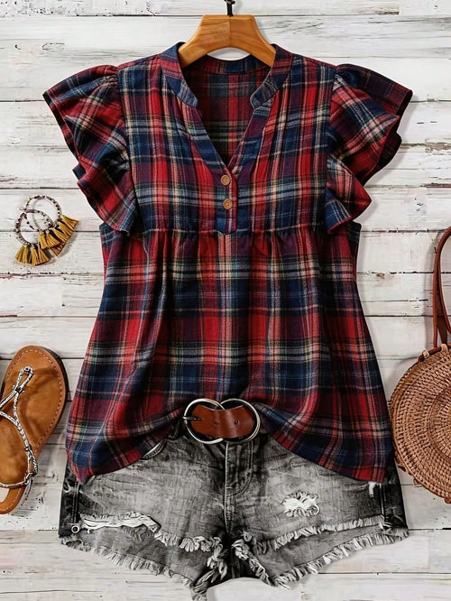 Linhara Plus Size Women's Summer New Fashion Retro Red Plaid Short Flutter Sleeve Blouse