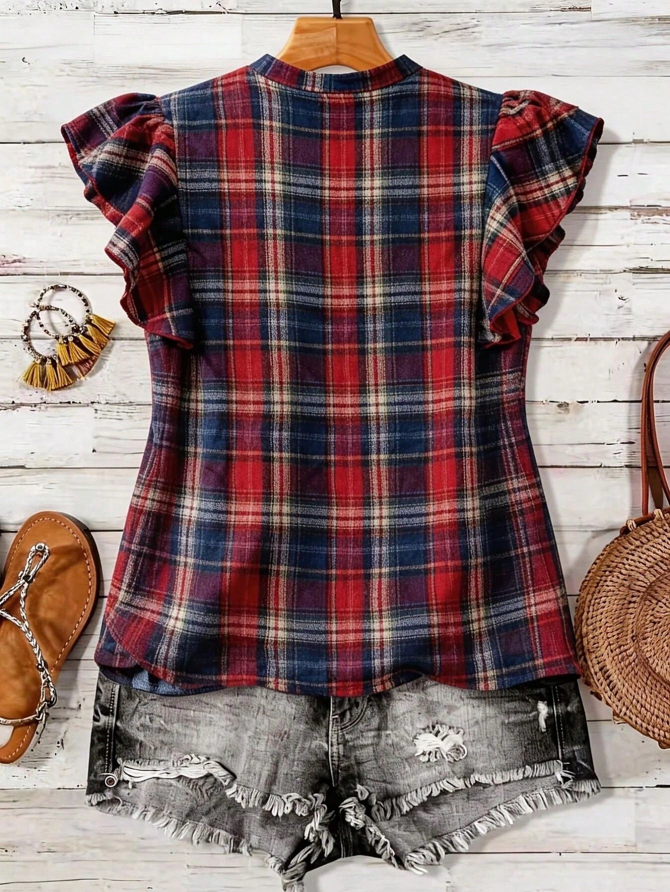 Linhara Plus Size Women's Summer New Fashion Retro Red Plaid Short Flutter Sleeve Blouse