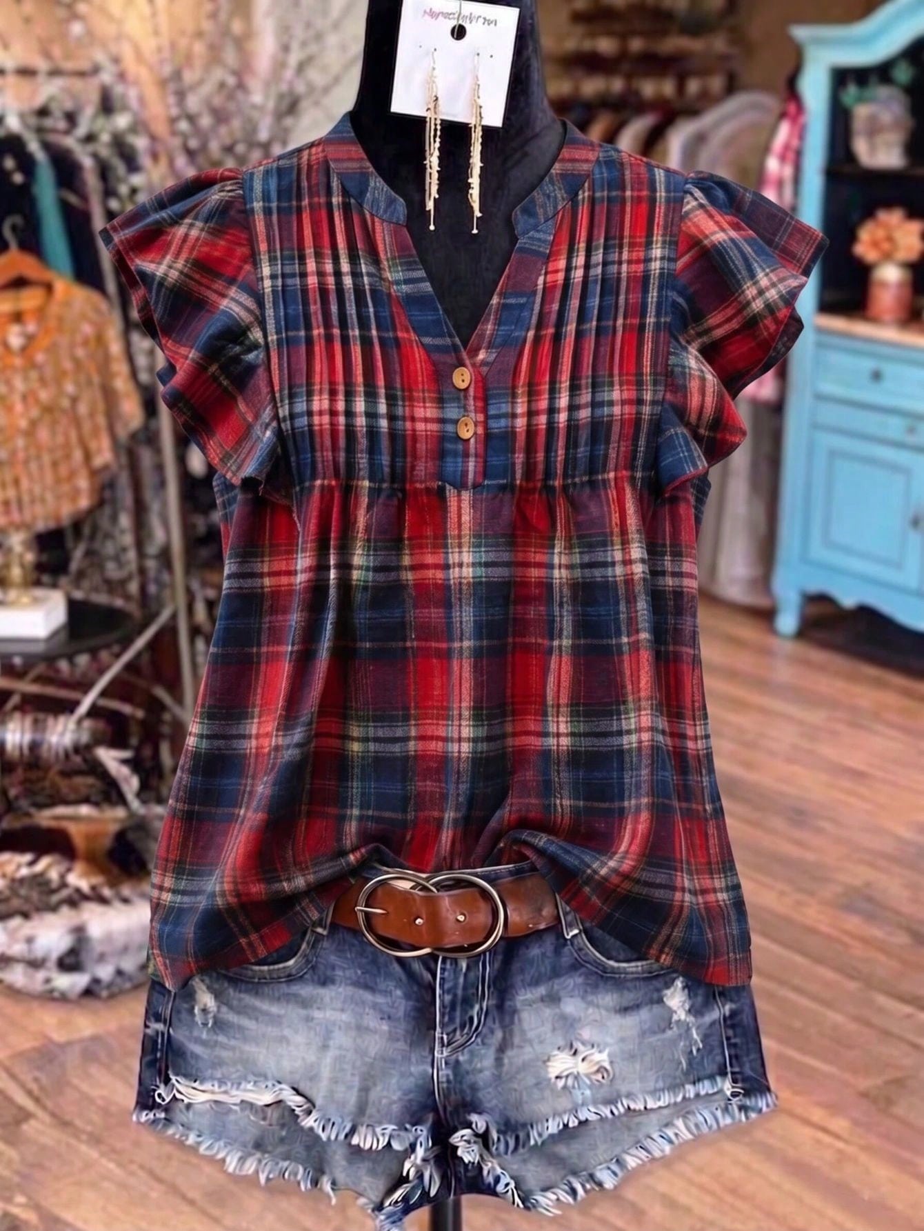 Linhara Plus Size Women's Summer New Fashion Retro Red Plaid Short Flutter Sleeve Blouse