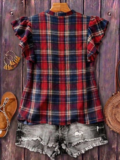 Linhara Plus Size Women's Summer New Fashion Retro Red Plaid Short Flutter Sleeve Blouse