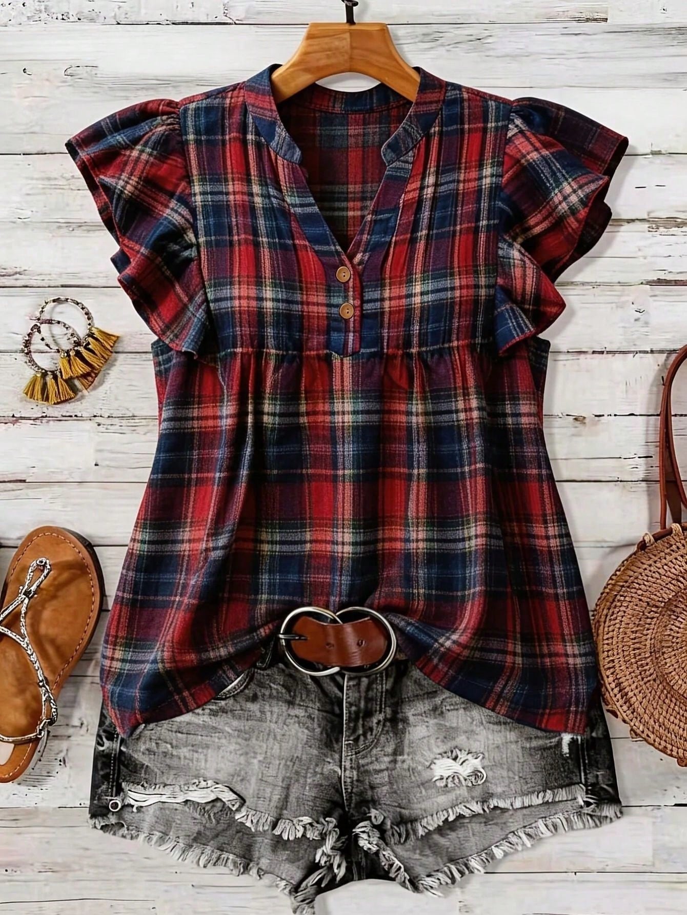 Linhara Plus Size Women's Summer New Fashion Retro Red Plaid Short Flutter Sleeve Blouse