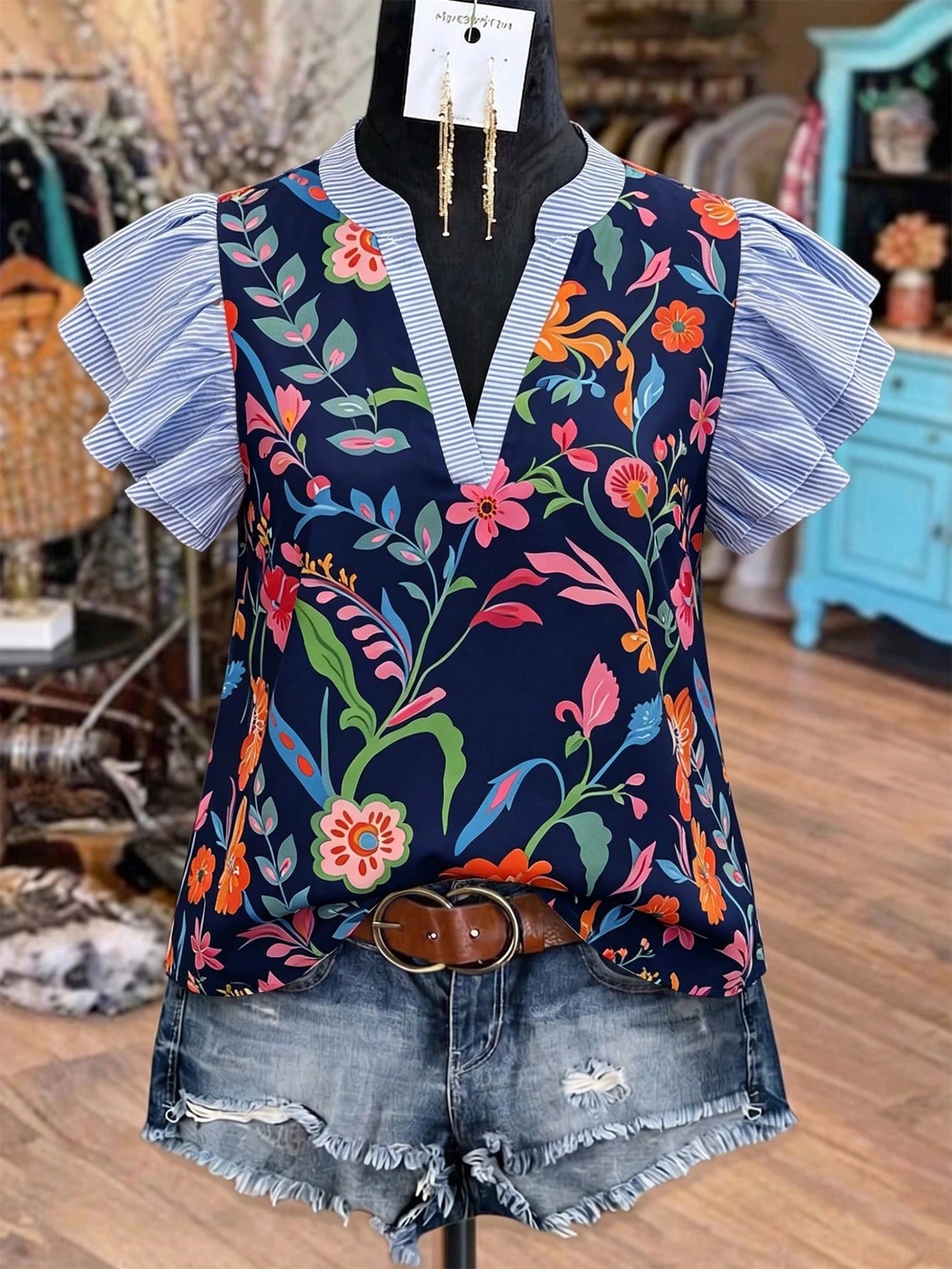 Linhara Women's Plus Size Spring/Summer Casual Elegant Versatile Colorful Floral Patchwork Striped Small Stand V-Neck Flutter Sleeve Loose Blouse