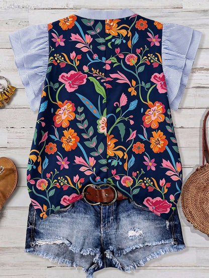 Linhara Women's Plus Size Spring/Summer Casual Elegant Versatile Colorful Floral Patchwork Striped Small Stand V-Neck Flutter Sleeve Loose Blouse