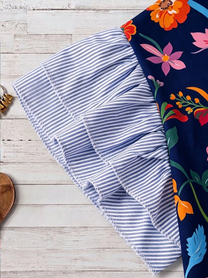 Linhara Women's Plus Size Spring/Summer Casual Elegant Versatile Colorful Floral Patchwork Striped Small Stand V-Neck Flutter Sleeve Loose Blouse