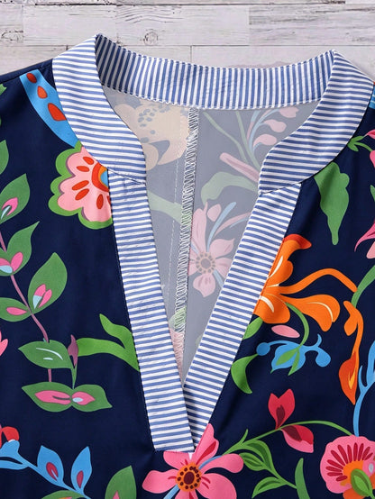 Linhara Women's Plus Size Spring/Summer Casual Elegant Versatile Colorful Floral Patchwork Striped Small Stand V-Neck Flutter Sleeve Loose Blouse