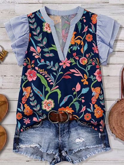 Linhara Women's Plus Size Spring/Summer Casual Elegant Versatile Colorful Floral Patchwork Striped Small Stand V-Neck Flutter Sleeve Loose Blouse