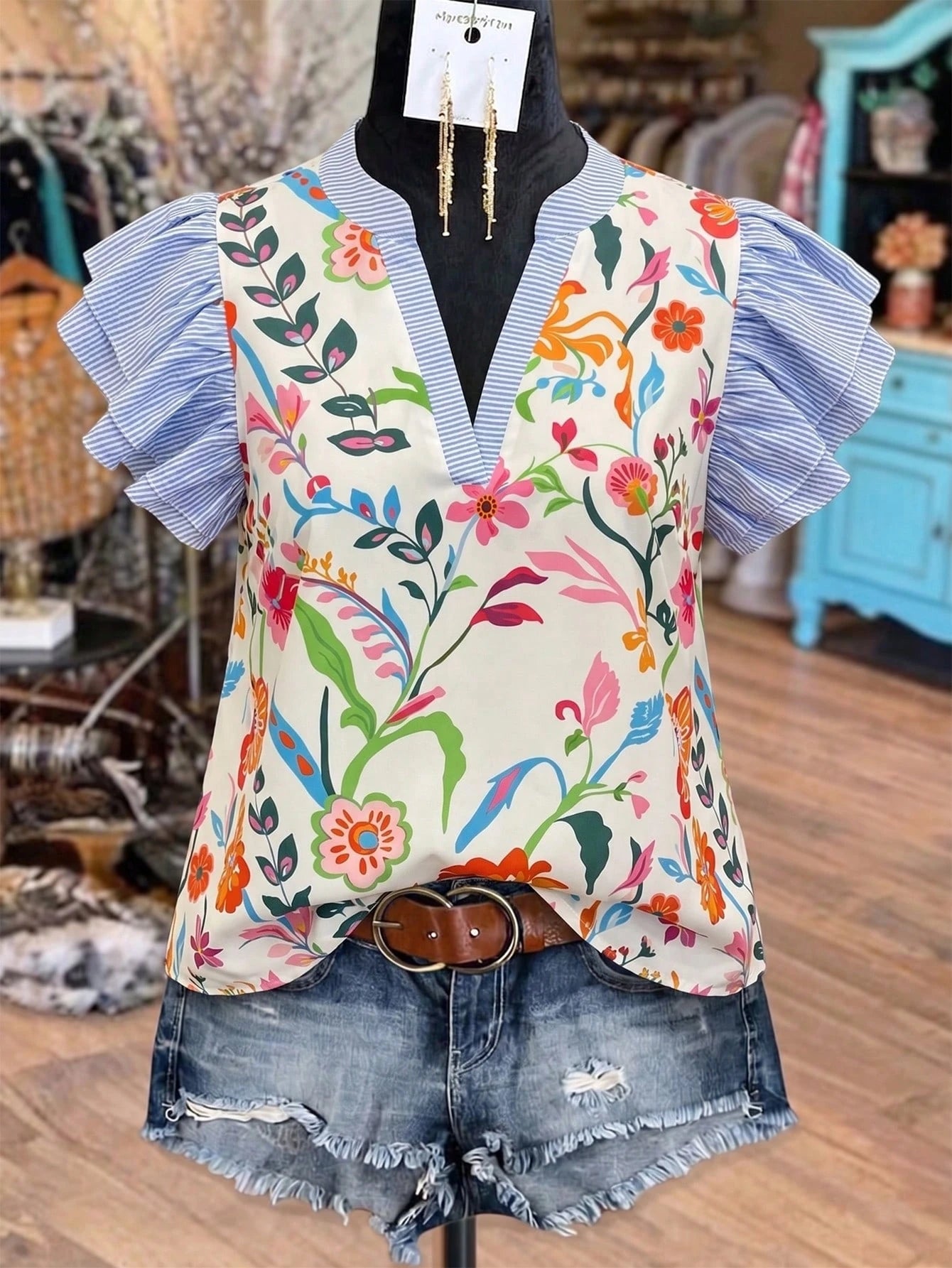 Linhara Women's Plus Size Spring/Summer Casual Elegant Versatile Colorful Floral Patchwork Striped Small Stand V-Neck Flutter Sleeve Loose Blouse