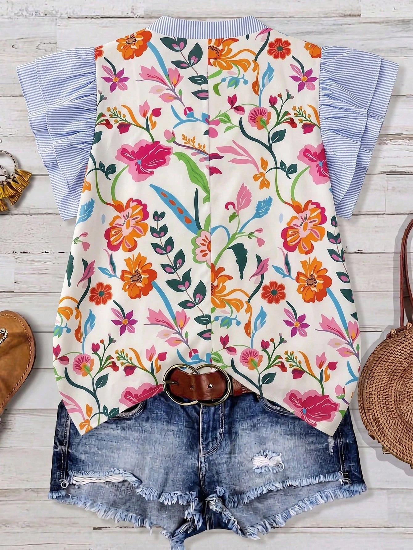 Linhara Women's Plus Size Spring/Summer Casual Elegant Versatile Colorful Floral Patchwork Striped Small Stand V-Neck Flutter Sleeve Loose Blouse