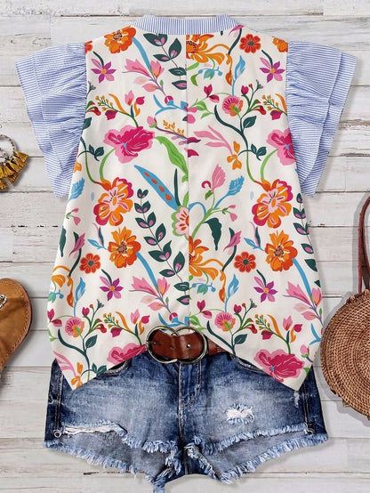 Linhara Women's Plus Size Spring/Summer Casual Elegant Versatile Colorful Floral Patchwork Striped Small Stand V-Neck Flutter Sleeve Loose Blouse