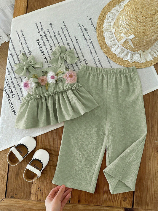 LMoss Kids 2pcs Baby Girl Woven Solid Color Embroidered Casual Camisole And Long Pants Set