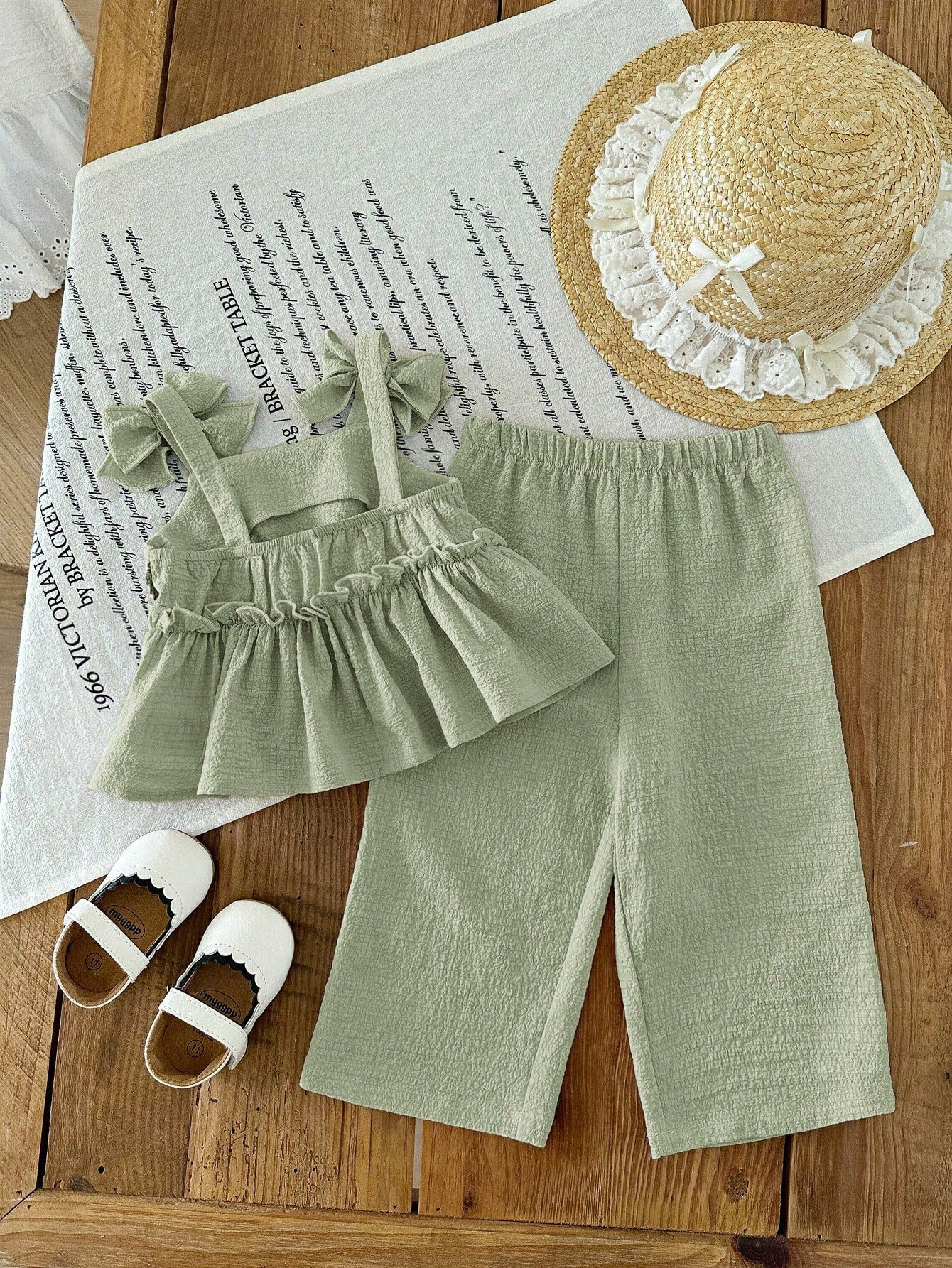 LMoss Kids 2pcs Baby Girl Woven Solid Color Embroidered Casual Camisole And Long Pants Set