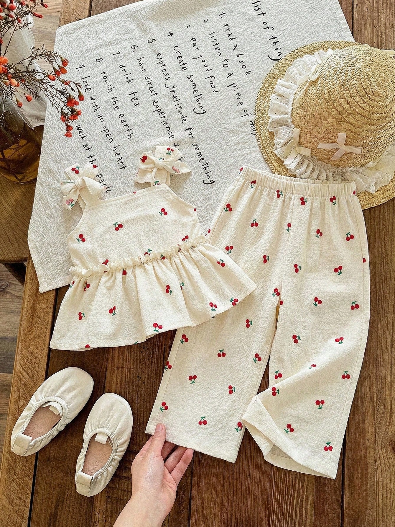 LMoss Kids 2pcs Baby Girl Woven Solid Color Embroidered Casual Camisole And Long Pants Set