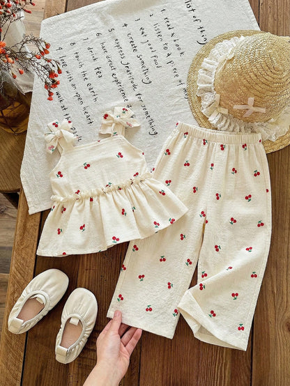 LMoss Kids 2pcs Baby Girl Woven Solid Color Embroidered Casual Camisole And Long Pants Set