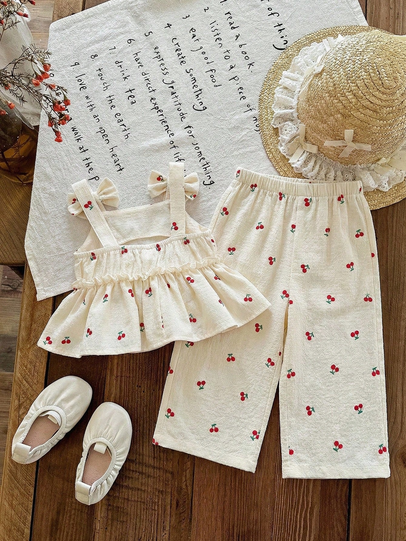 LMoss Kids 2pcs Baby Girl Woven Solid Color Embroidered Casual Camisole And Long Pants Set