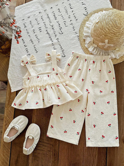LMoss Kids 2pcs Baby Girl Woven Solid Color Embroidered Casual Camisole And Long Pants Set