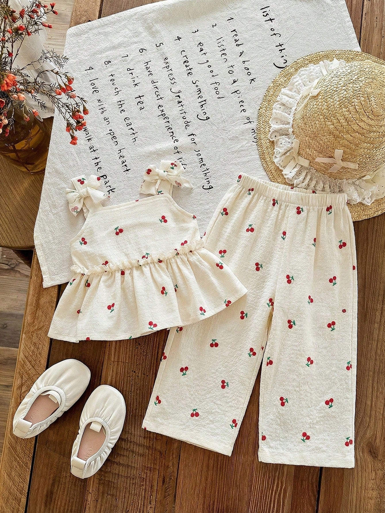 LMoss Kids 2pcs Baby Girl Woven Solid Color Embroidered Casual Camisole And Long Pants Set