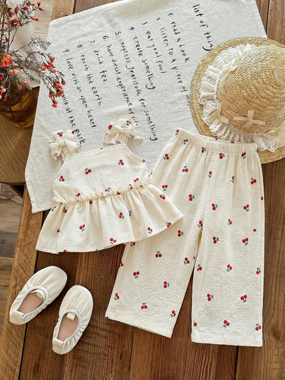 LMoss Kids 2pcs Baby Girl Woven Solid Color Embroidered Casual Camisole And Long Pants Set