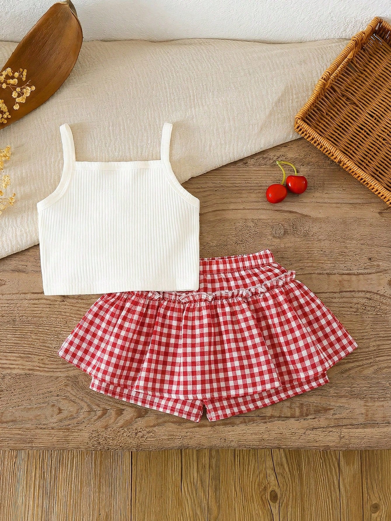 LMoss Kids LMoss Cute Cherry Pink Plaid Pattern, Baby Girl Casual Minimalist Camisole And Shorts Set, Suitable For Summer Vacation