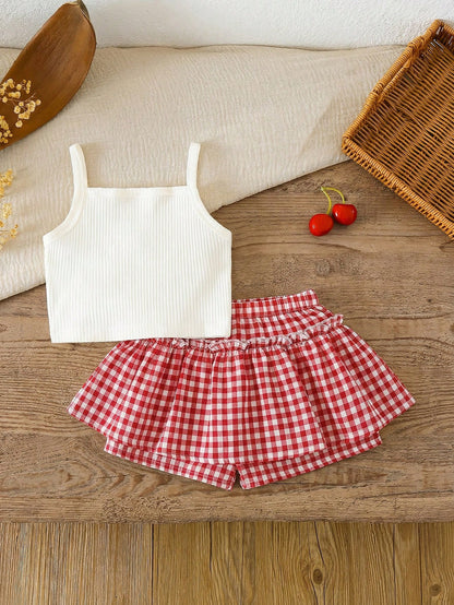 LMoss Kids LMoss Cute Cherry Pink Plaid Pattern, Baby Girl Casual Minimalist Camisole And Shorts Set, Suitable For Summer Vacation