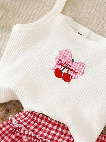 LMoss Kids LMoss Cute Cherry Pink Plaid Pattern, Baby Girl Casual Minimalist Camisole And Shorts Set, Suitable For Summer Vacation