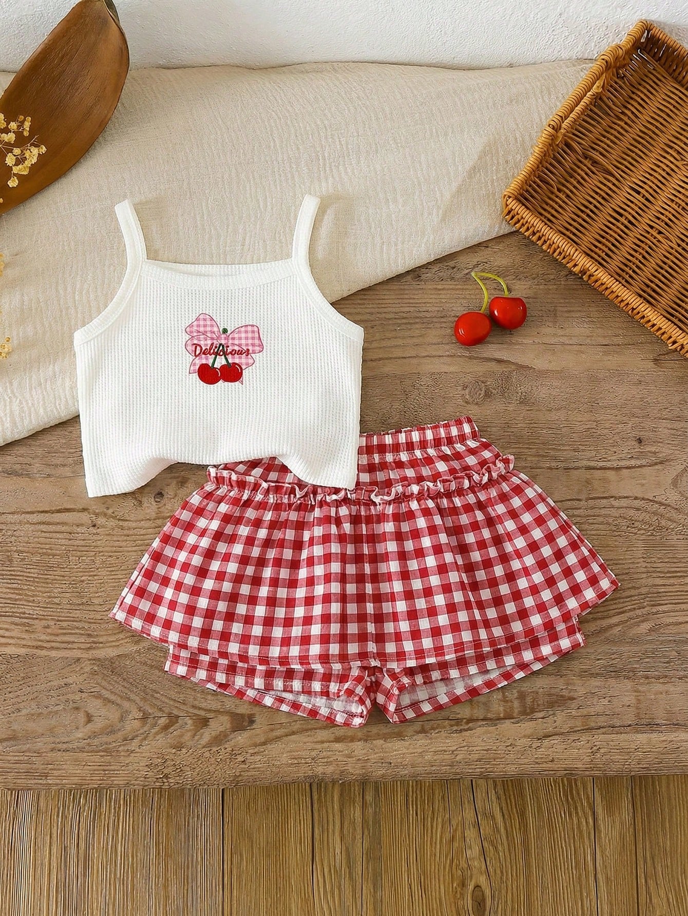 LMoss Kids LMoss Cute Cherry Pink Plaid Pattern, Baby Girl Casual Minimalist Camisole And Shorts Set, Suitable For Summer Vacation