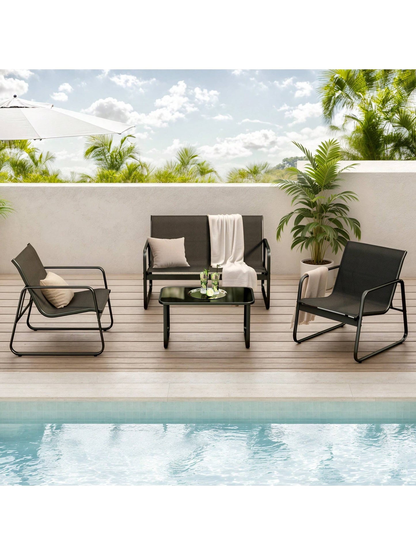 Lofka 4-Piece Outdoor Furniture Set With Glass Table & Sofa-Style Chairs, Patio Furniture For Garden Decor, Camping And Poolside- Weather-Resistant Outdoor Decor Bistro Set