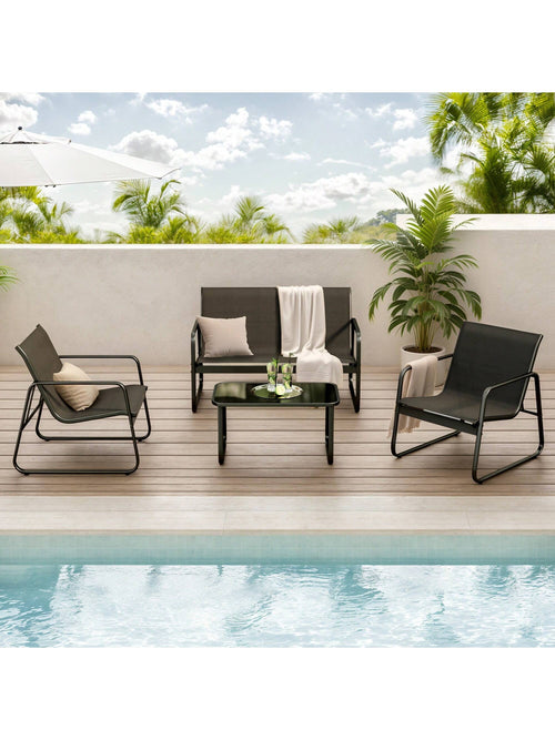 Lofka 4-Piece Outdoor Furniture Set With Glass Table & Sofa-Style Chairs, Patio Furniture For Garden Decor, Camping And Poolside- Weather-Resistant Outdoor Decor Bistro Set