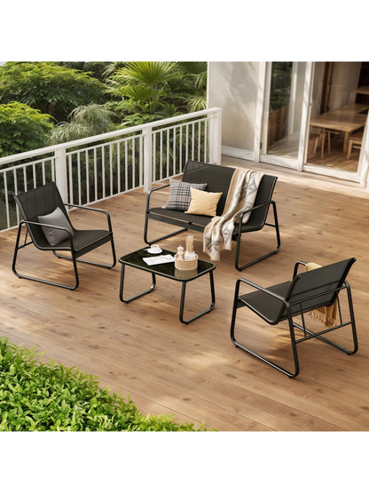 Lofka 4-Piece Outdoor Furniture Set With Glass Table & Sofa-Style Chairs, Patio Furniture For Garden Decor, Camping And Poolside- Weather-Resistant Outdoor Decor Bistro Set