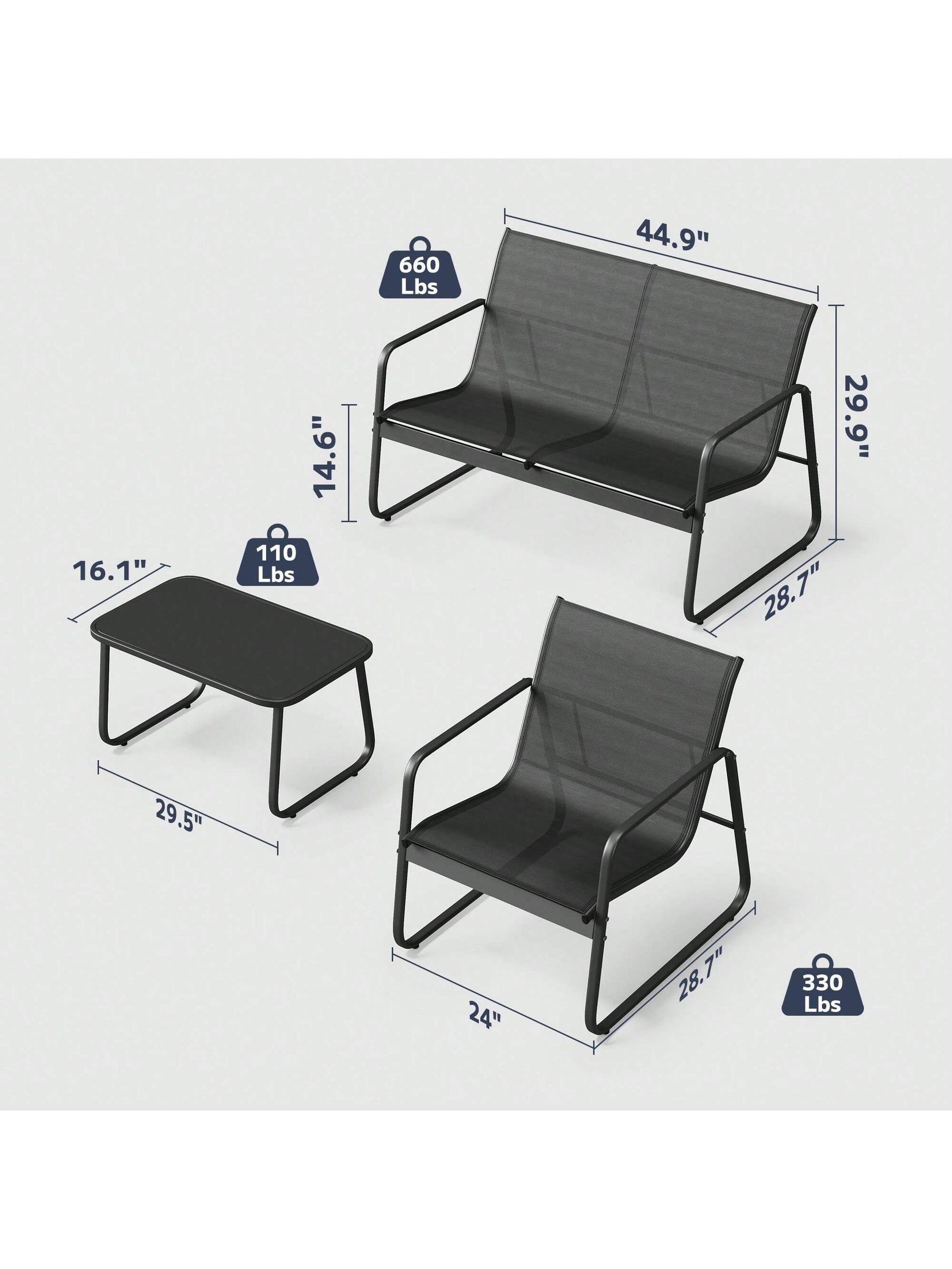 Lofka 4-Piece Outdoor Furniture Set With Glass Table & Sofa-Style Chairs, Patio Furniture For Garden Decor, Camping And Poolside- Weather-Resistant Outdoor Decor Bistro Set