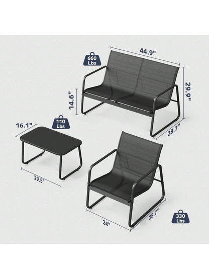 Lofka 4-Piece Outdoor Furniture Set With Glass Table & Sofa-Style Chairs, Patio Furniture For Garden Decor, Camping And Poolside- Weather-Resistant Outdoor Decor Bistro Set