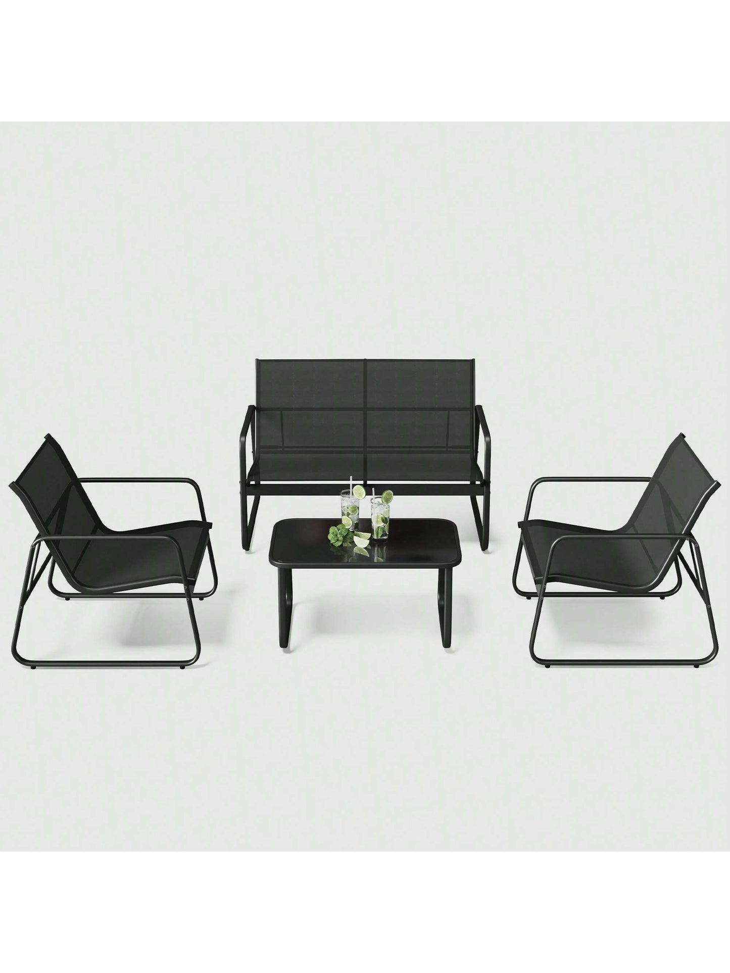 Lofka 4-Piece Outdoor Furniture Set With Glass Table & Sofa-Style Chairs, Patio Furniture For Garden Decor, Camping And Poolside- Weather-Resistant Outdoor Decor Bistro Set