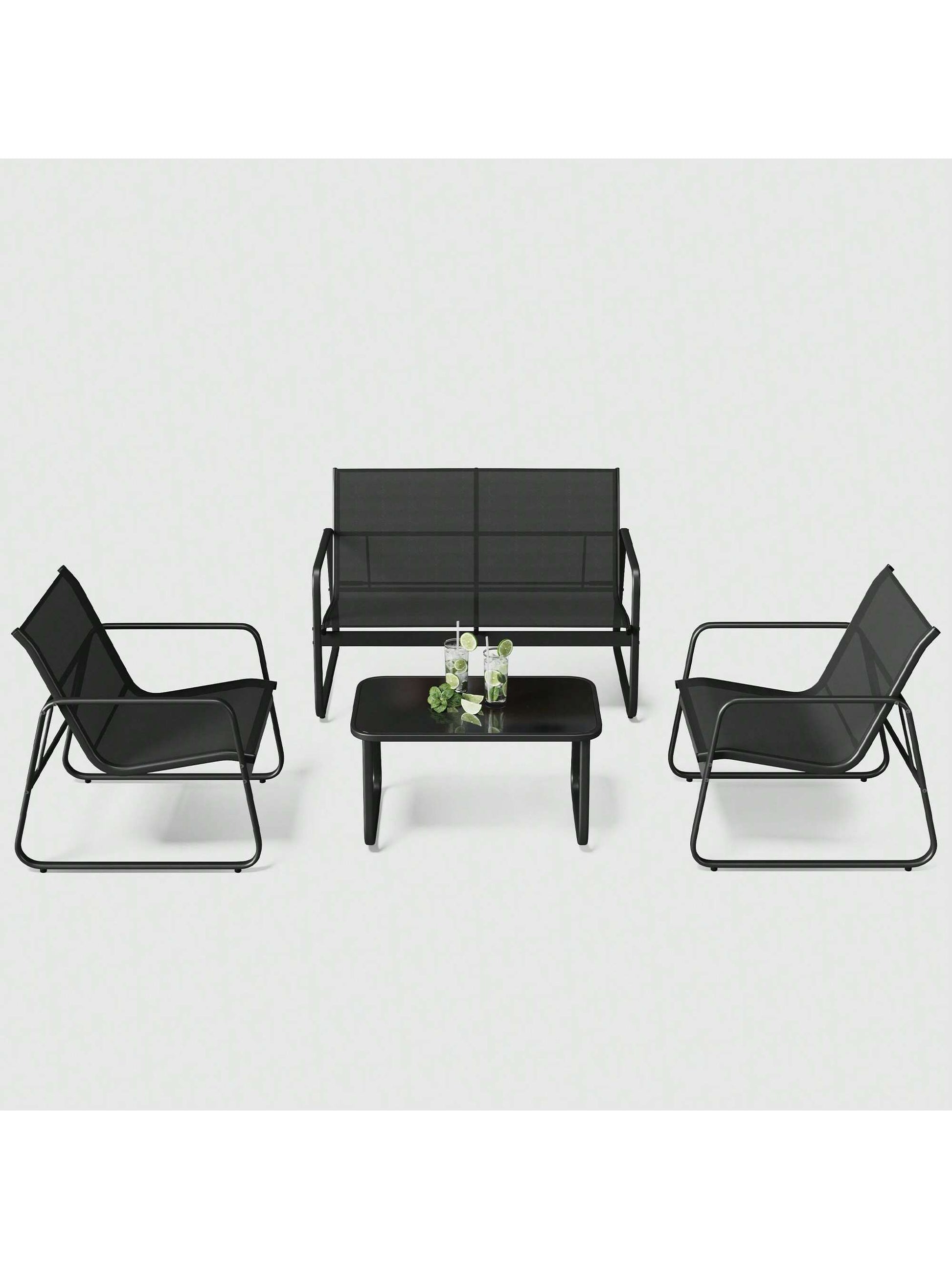 Lofka 4-Piece Outdoor Furniture Set With Glass Table & Sofa-Style Chairs, Patio Furniture For Garden Decor, Camping And Poolside- Weather-Resistant Outdoor Decor Bistro Set
