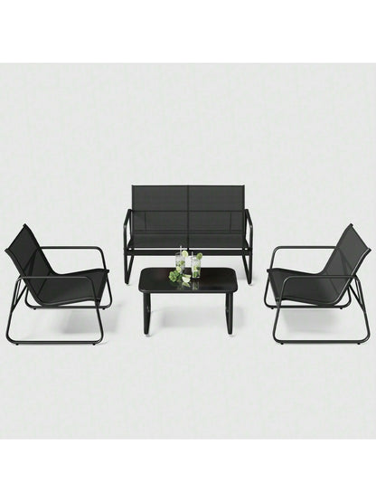 Lofka 4-Piece Outdoor Furniture Set With Glass Table & Sofa-Style Chairs, Patio Furniture For Garden Decor, Camping And Poolside- Weather-Resistant Outdoor Decor Bistro Set
