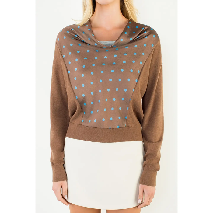 Long Sleeve Cowl Neck Polka Dot Sweater Brown