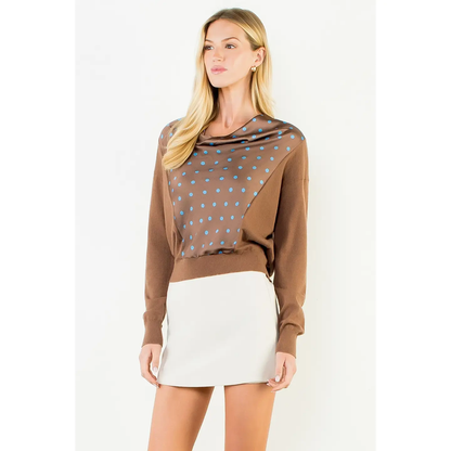 Long Sleeve Cowl Neck Polka Dot Sweater Brown