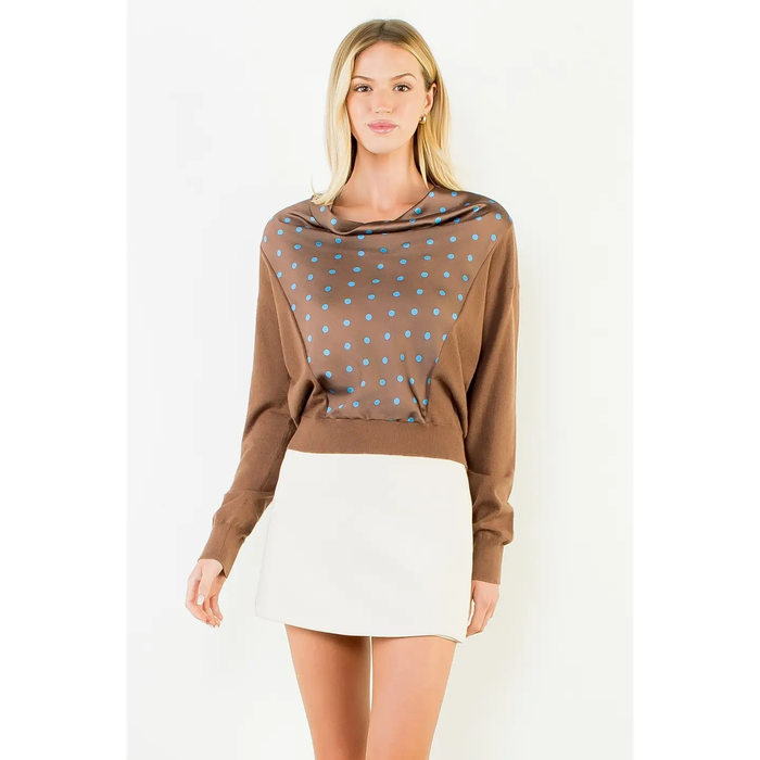 Long Sleeve Cowl Neck Polka Dot Sweater Brown