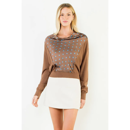 Long Sleeve Cowl Neck Polka Dot Sweater Brown