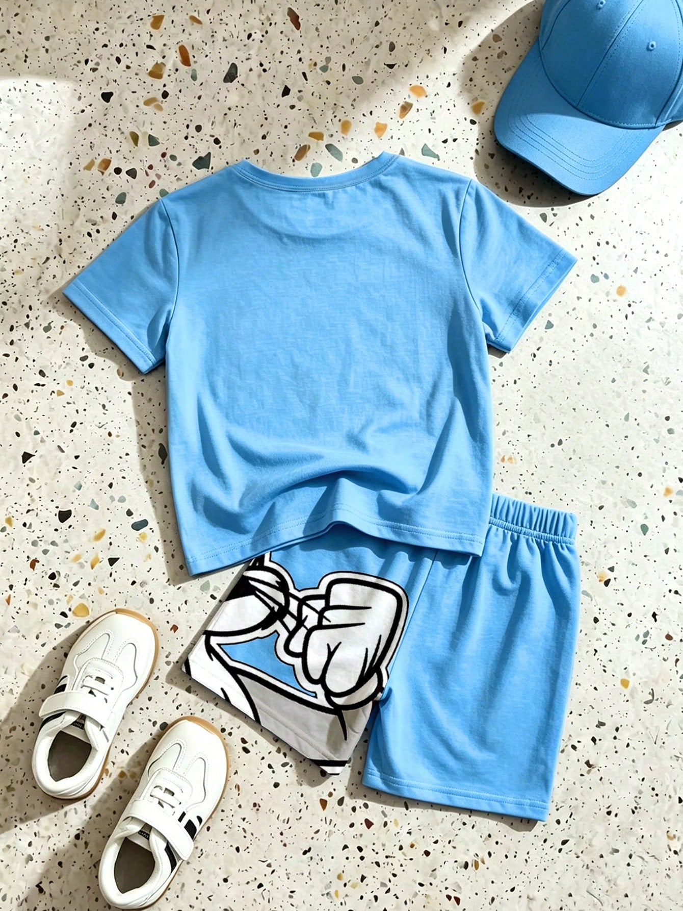 LOONEY TUNES X GraphicGems Baby Boy Blue And White Colorblock Cartoon Print T-Shirt And Shorts Loose Casual 2-Piece Set