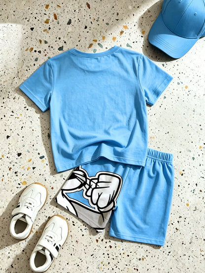 LOONEY TUNES X GraphicGems Baby Boy Blue And White Colorblock Cartoon Print T-Shirt And Shorts Loose Casual 2-Piece Set