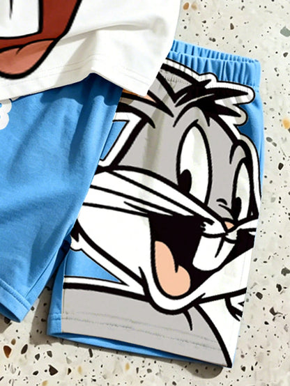LOONEY TUNES X GraphicGems Baby Boy Blue And White Colorblock Cartoon Print T-Shirt And Shorts Loose Casual 2-Piece Set