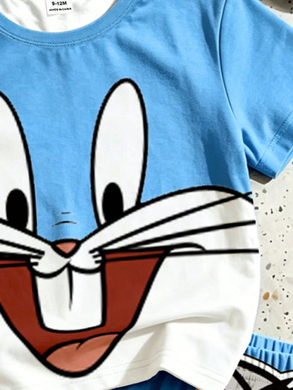 LOONEY TUNES X GraphicGems Baby Boy Blue And White Colorblock Cartoon Print T-Shirt And Shorts Loose Casual 2-Piece Set