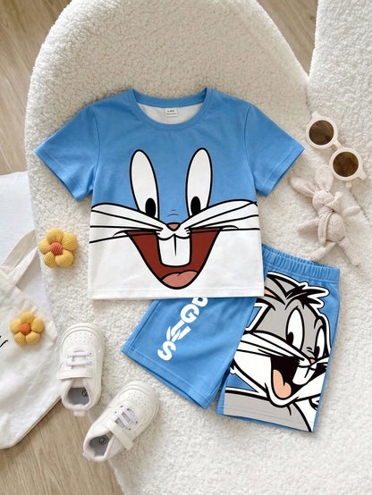 LOONEY TUNES X GraphicGems Baby Boy Blue And White Colorblock Cartoon Print T-Shirt And Shorts Loose Casual 2-Piece Set