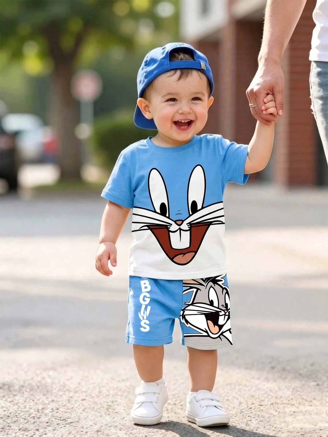 LOONEY TUNES X GraphicGems Baby Boy Blue And White Colorblock Cartoon Print T-Shirt And Shorts Loose Casual 2-Piece Set