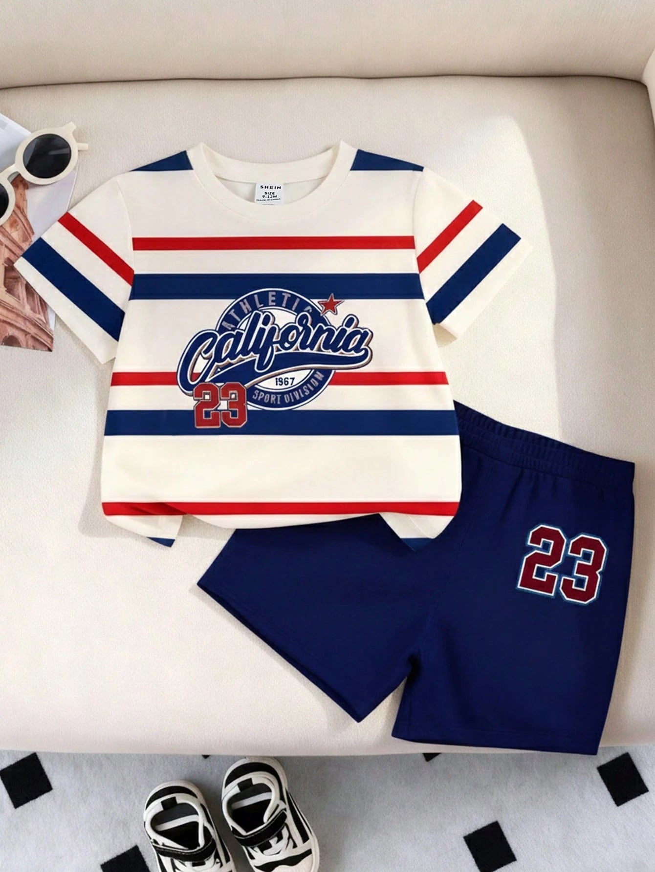 LOONEY TUNES X GraphicGems Baby Boy Blue And White Colorblock Cartoon Print T-Shirt And Shorts Loose Casual 2-Piece Set