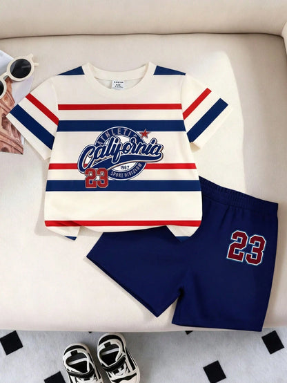 LOONEY TUNES X GraphicGems Baby Boy Blue And White Colorblock Cartoon Print T-Shirt And Shorts Loose Casual 2-Piece Set