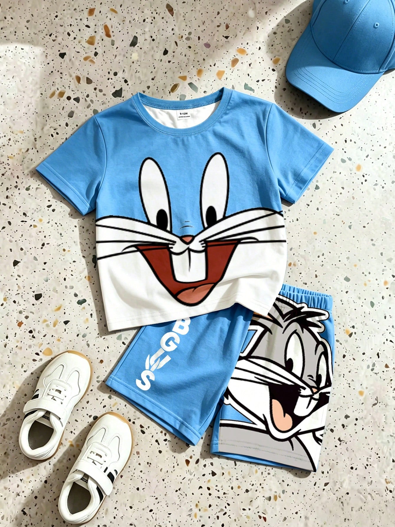 LOONEY TUNES X GraphicGems Baby Boy Blue And White Colorblock Cartoon Print T-Shirt And Shorts Loose Casual 2-Piece Set