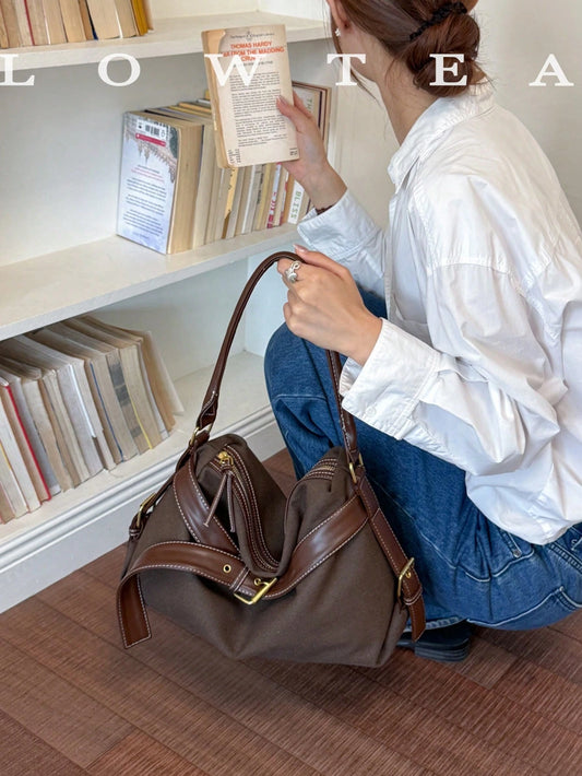 low tea 1pc Minimalist Fashion Buckle Strap PU Fabric Shoulder Bag, Suitable For Commuting, Shopping And More