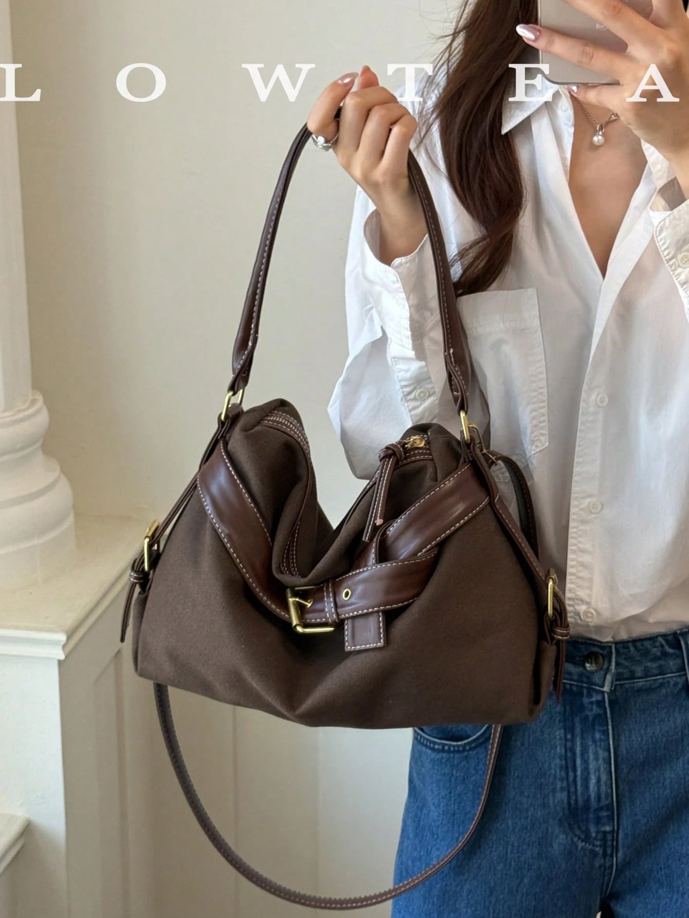 low tea 1pc Minimalist Fashion Buckle Strap PU Fabric Shoulder Bag, Suitable For Commuting, Shopping And More
